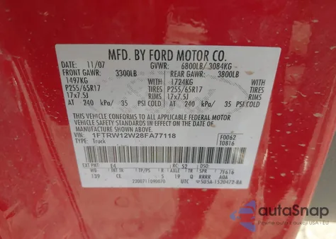2008 Ford F-150 60Th Anniversary/Fx2/Xl/Xlt from USA, damaged, VIN 1FTRW12W28FA77118